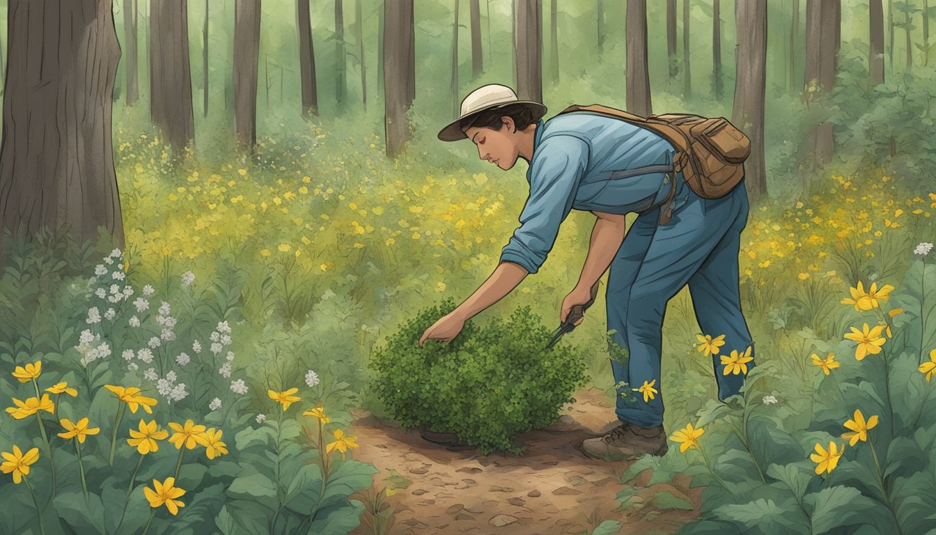 A person collecting native edible plants in an Oklahoma forest, surrounded by trees and wildflowers