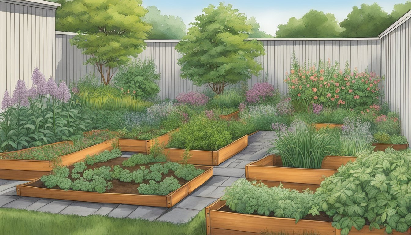 A backyard garden in Oklahoma with a variety of native edible plants such as wild onions, pawpaws, and persimmons growing in raised beds and containers