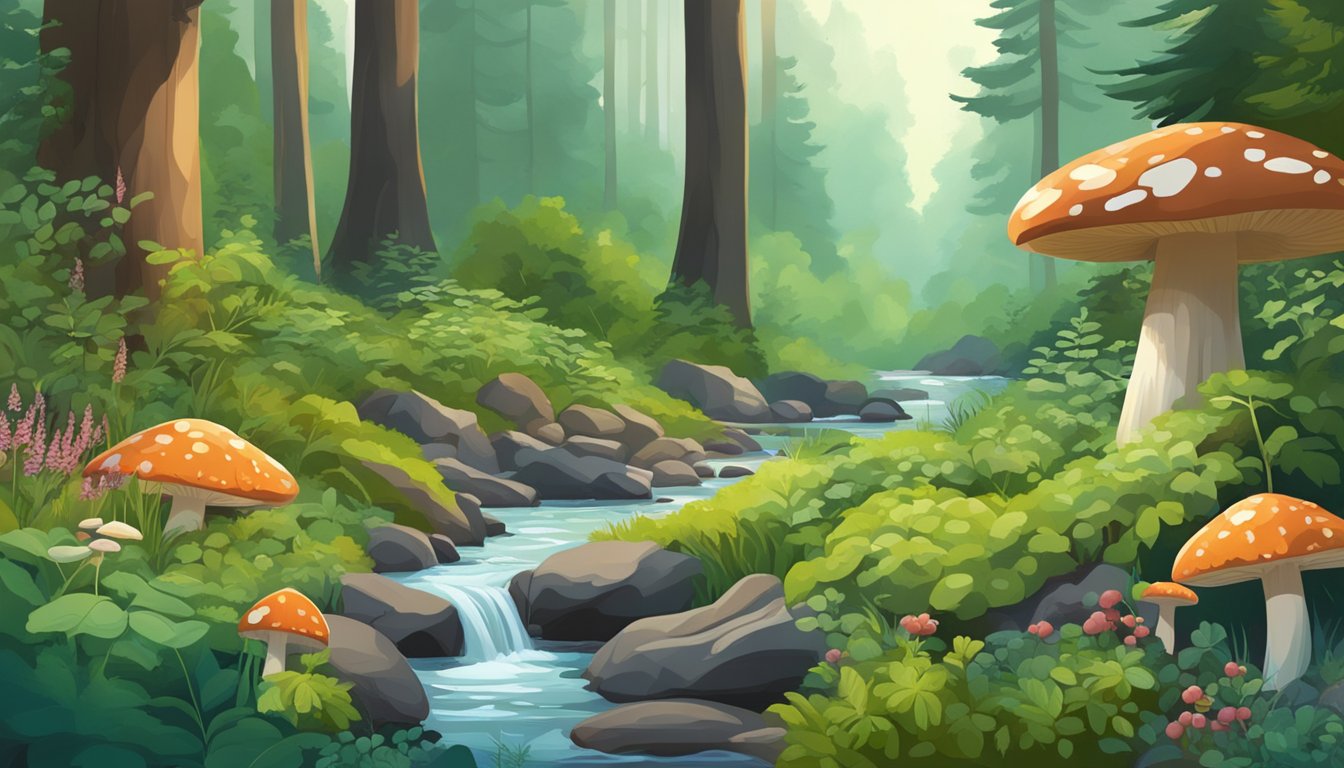 A lush forest floor with wild berries, mushrooms, and herbs. Tall trees and a flowing stream in the background