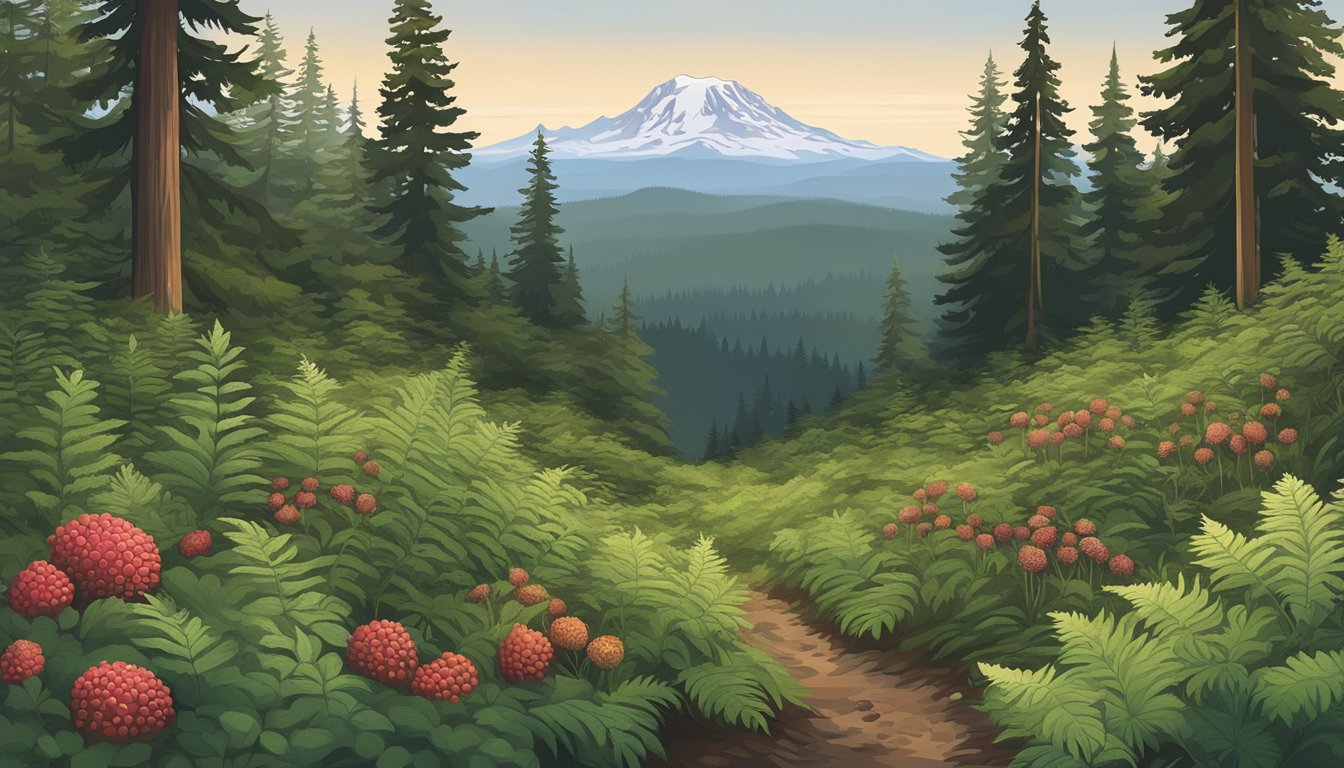 Lush forest floor with ferns, huckleberry bushes, and wild strawberries. Tall cedar and fir trees tower above, with Mount Rainier in the distance