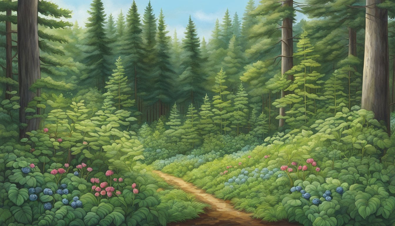 A lush forest floor in Maine, with an array of native edible plants such as blueberries, fiddleheads, and wild strawberries, surrounded by tall evergreen trees and a clear blue sky above