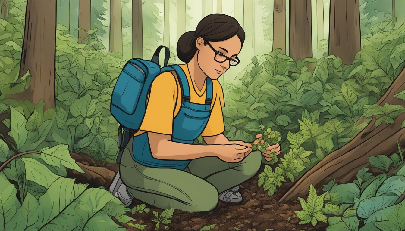 A figure carefully selects and harvests native edible plants from a lush forest floor in Washington, using sustainable foraging techniques