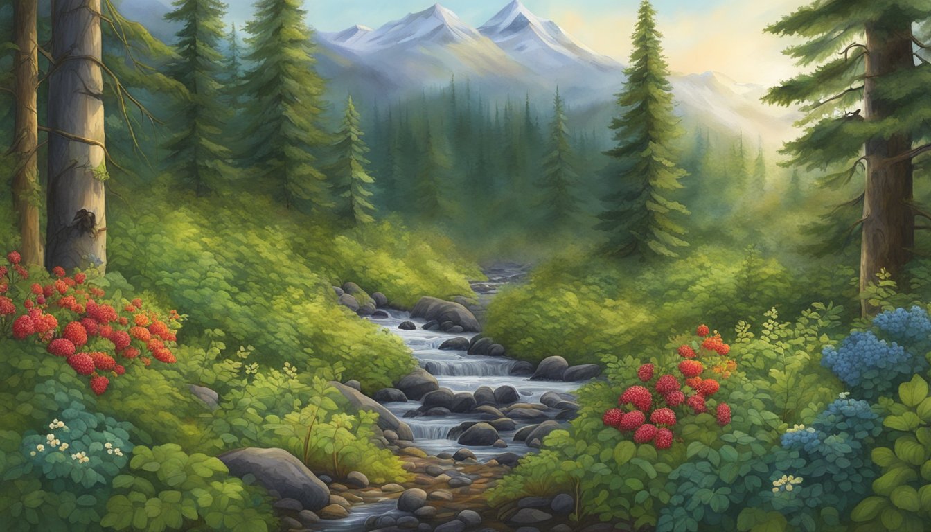 A lush forest in Alaska with a variety of native edible plants such as blueberries, salmonberries, and wild strawberries growing among the trees and bushes