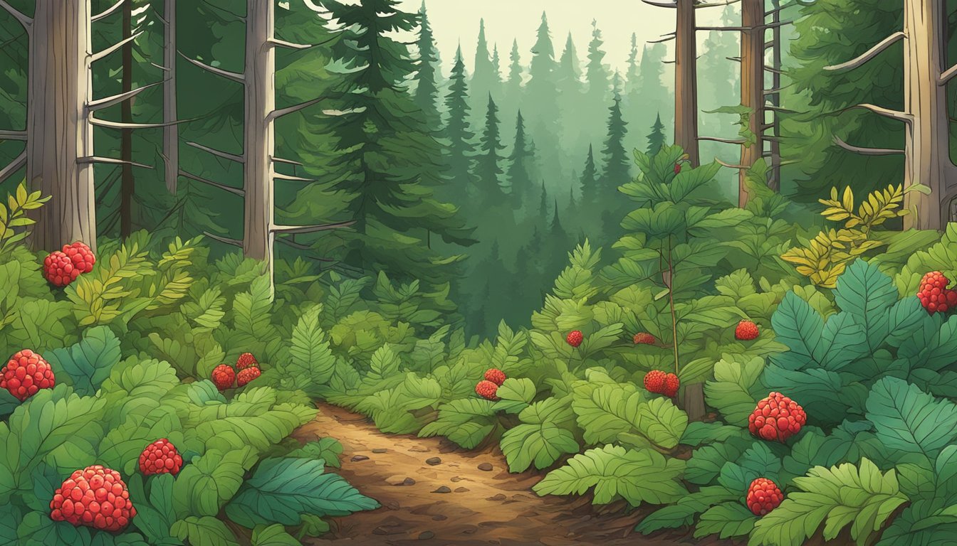 A lush forest floor in Washington, dotted with native edible plants such as huckleberries, salmonberries, and wild strawberries, surrounded by towering evergreen trees