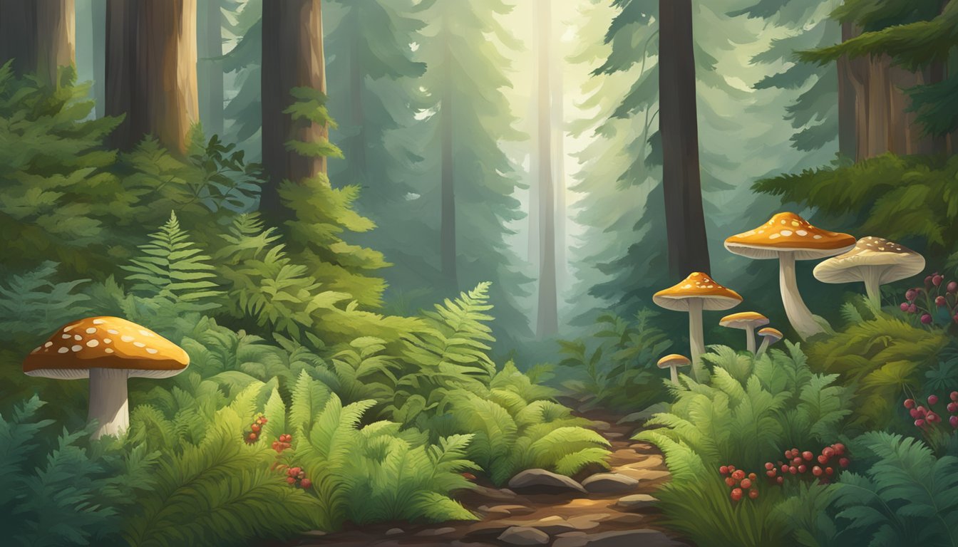 A lush forest floor with ferns, berries, and mushrooms, surrounded by towering evergreen trees in the Pacific Northwest