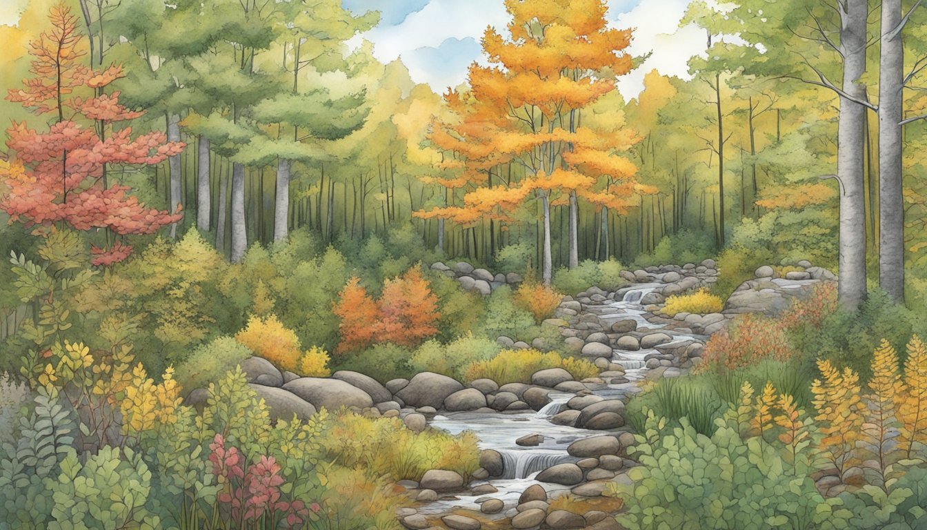 A woodland scene with changing foliage and various native edible plants throughout the seasons in Maine