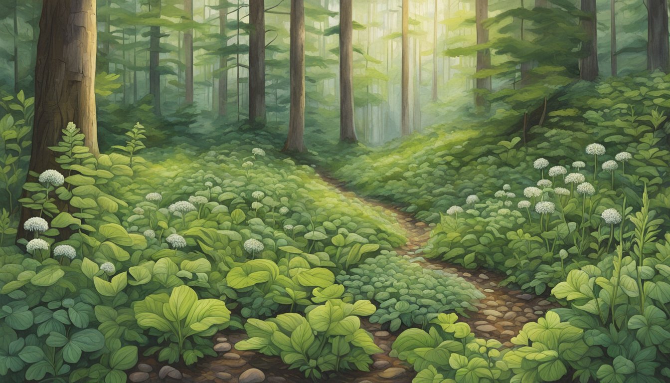 A lush forest floor in Maine, filled with various wild edible plants such as blueberries, fiddleheads, and dandelion greens