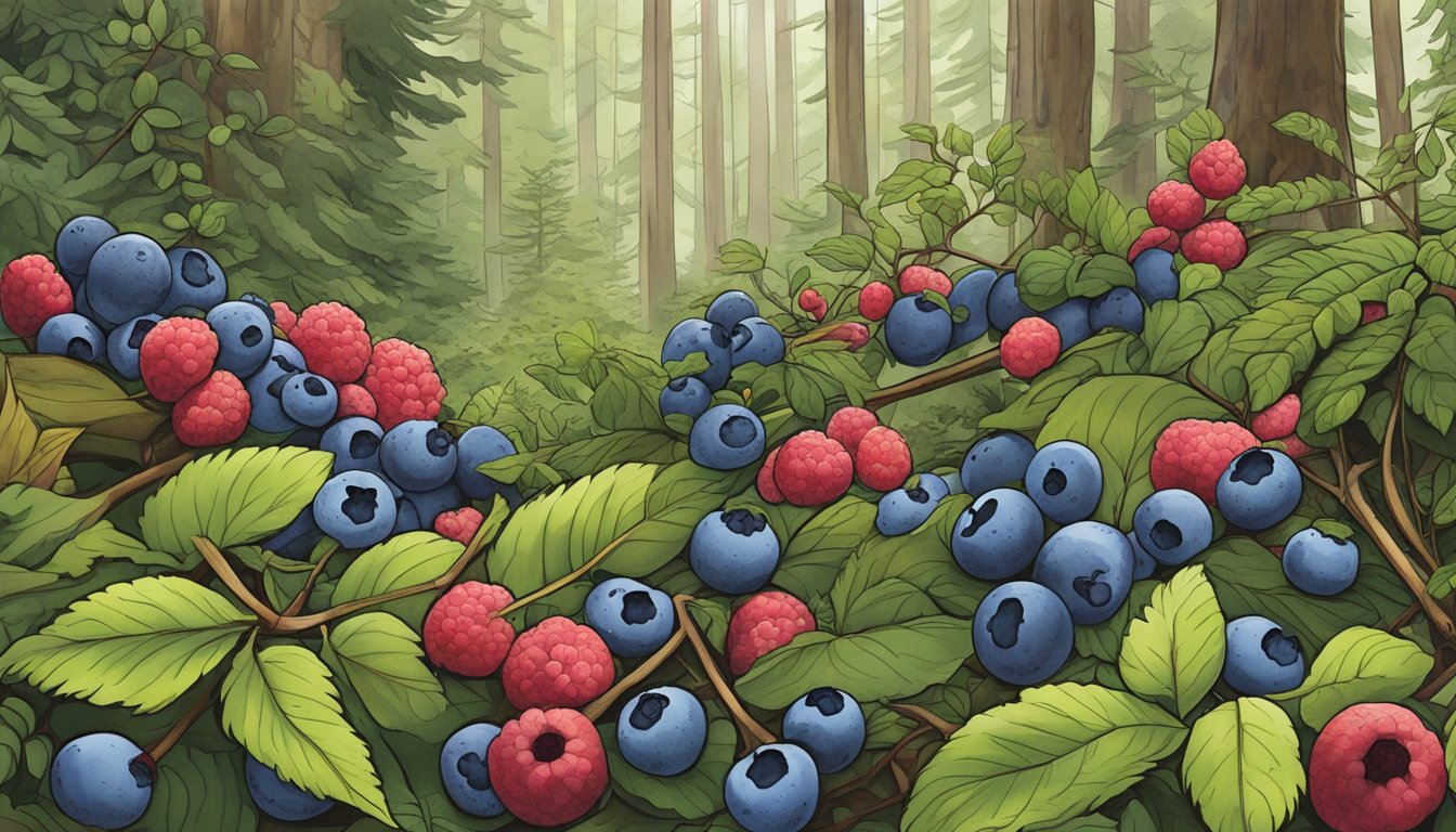 A lush forest floor in Alaska, dotted with ripe blueberries, cranberries, and salmonberries, ready for foraging