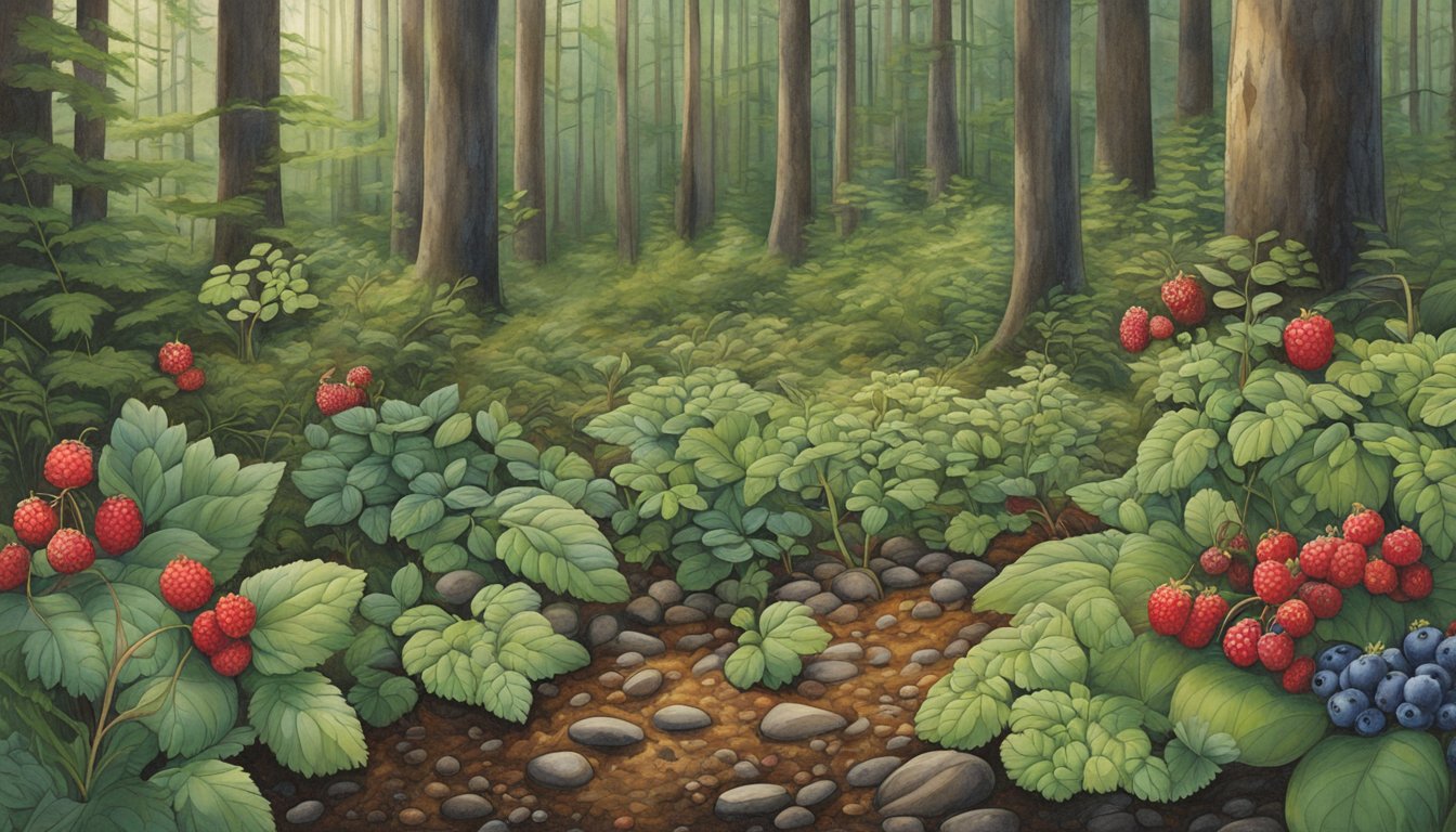 A forest floor with various native edible plants in Maine, including blueberries, cranberries, and wild strawberries