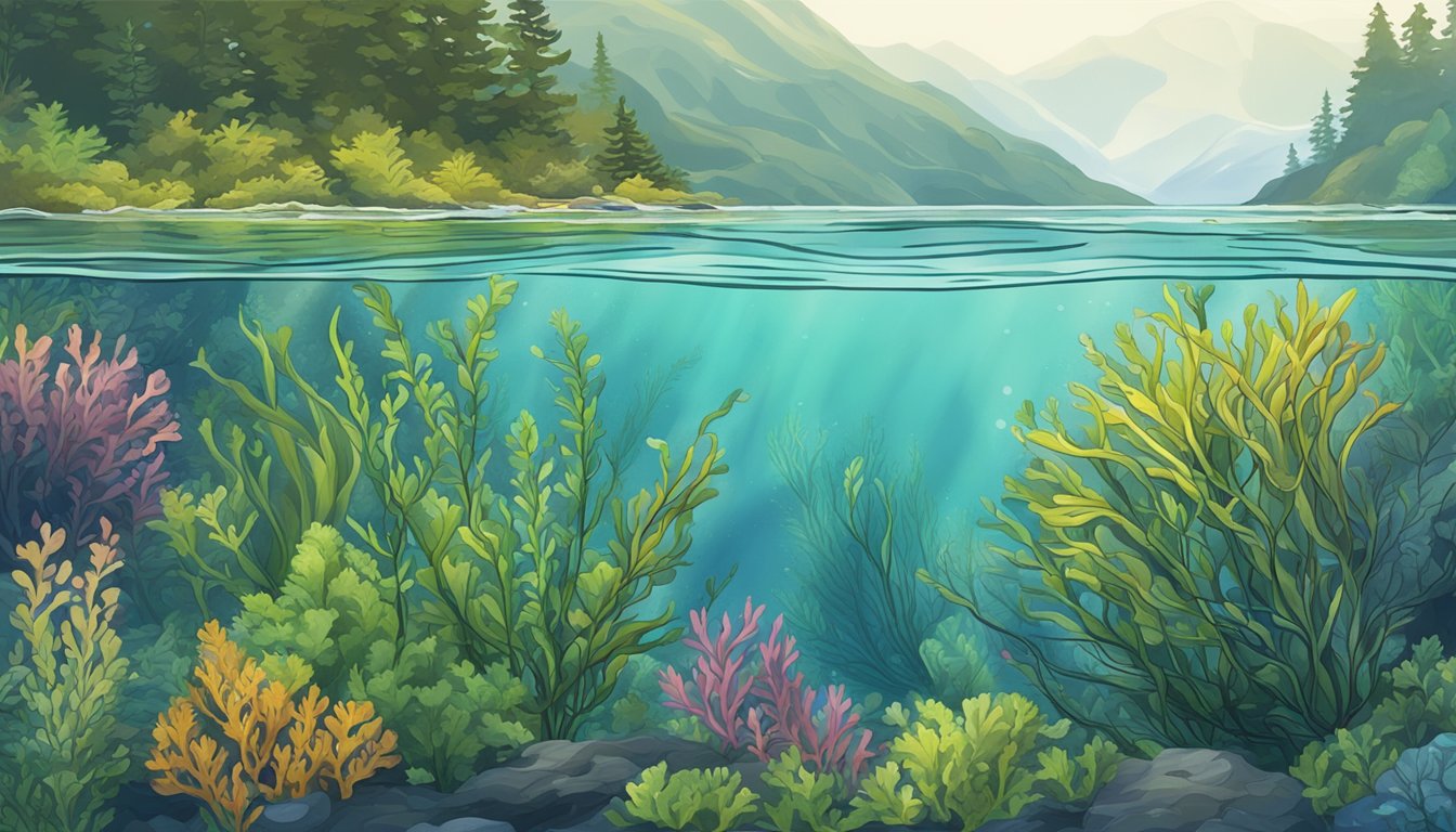 Lush underwater landscape of Alaskan seaweeds and aquatic plants swaying gently in the clear, cold waters of the Pacific Ocean