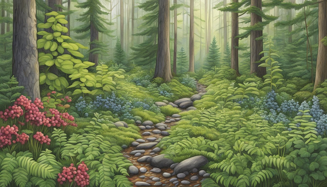 A lush forest floor in Maine, with a variety of native edible plants such as blueberries, cranberries, and fiddlehead ferns