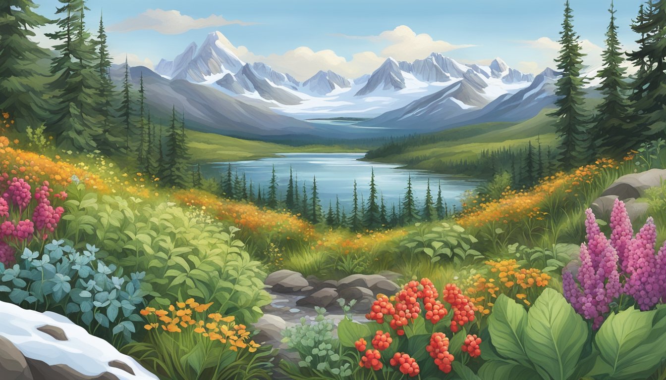 A lush Alaskan landscape with diverse native edible plants, including berries, herbs, and wildflowers, surrounded by snow-capped mountains