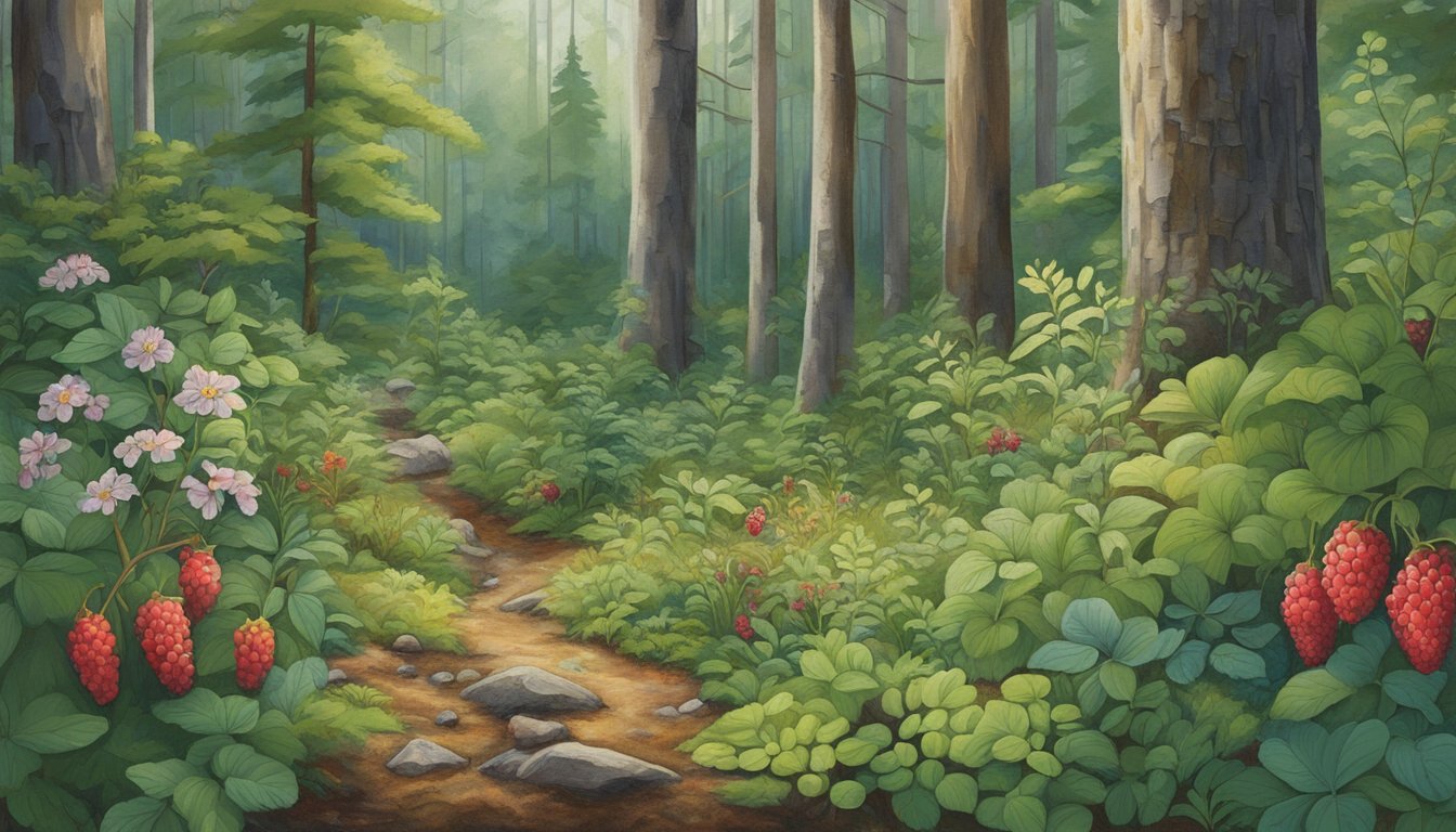 A lush forest floor in Maine featuring a variety of native edible plants, including blueberries, cranberries, and wild strawberries, surrounded by towering trees and diverse wildlife