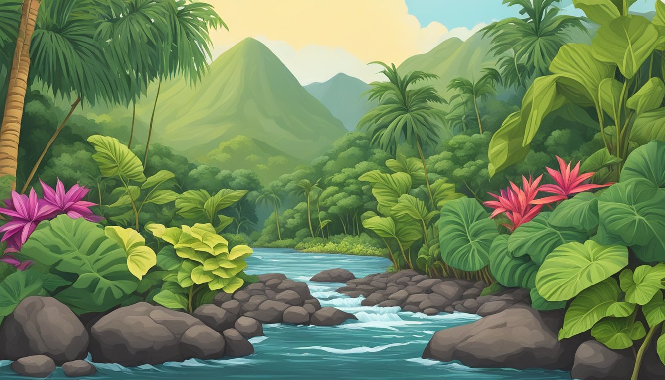 Lush tropical landscape with taro, breadfruit, and sweet potato plants growing alongside a flowing river in ancient Hawai'i