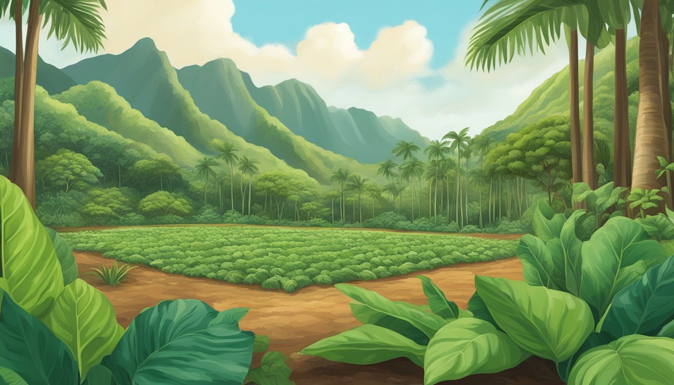 Lush Hawaiian landscape with native edible plants like taro, breadfruit, and sweet potato growing in a sustainable and conservation-focused environment