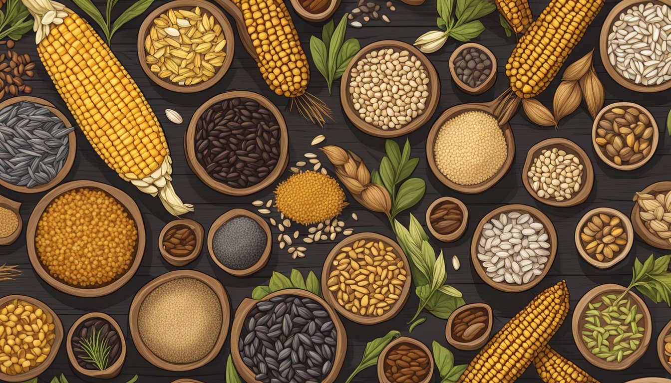 A variety of grains and seeds native to Minnesota, such as wild rice, corn, and sunflower, are arranged on a wooden table