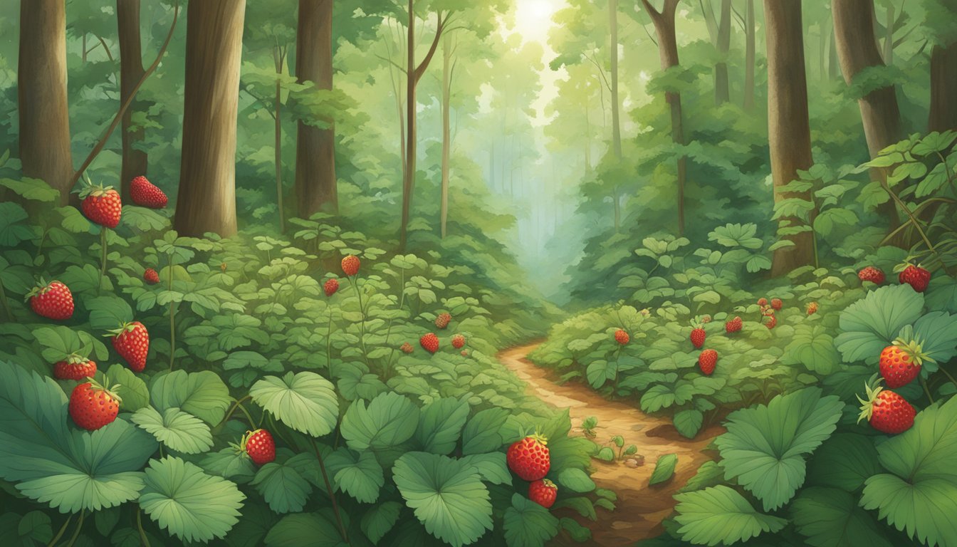 A lush forest floor in Indiana, with wild strawberries, sassafras, and pawpaw trees, surrounded by native flora and fauna