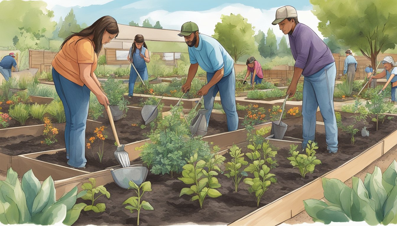 A group of people planting and tending to native edible plants in a community garden in Idaho