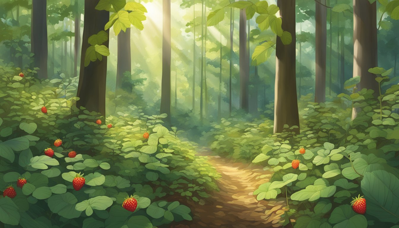 A lush forest floor in Indiana, filled with native edible plants like wild strawberries, pawpaws, and sassafras, surrounded by tall trees and dappled sunlight