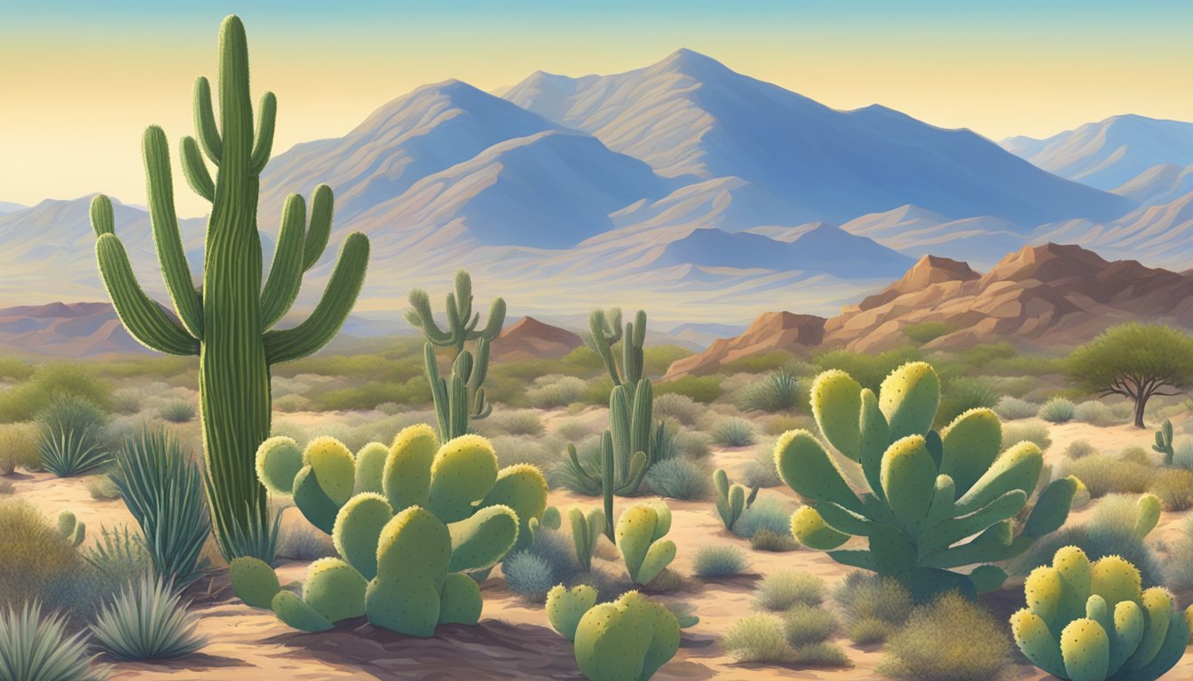 A desert landscape with prickly pear cacti, mesquite trees, and yucca plants, surrounded by arid mountains under a bright blue sky