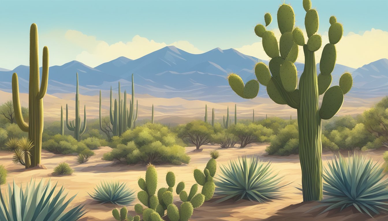 A desert landscape with prickly pear cacti, mesquite trees, and yucca plants. Bright sunshine and blue sky