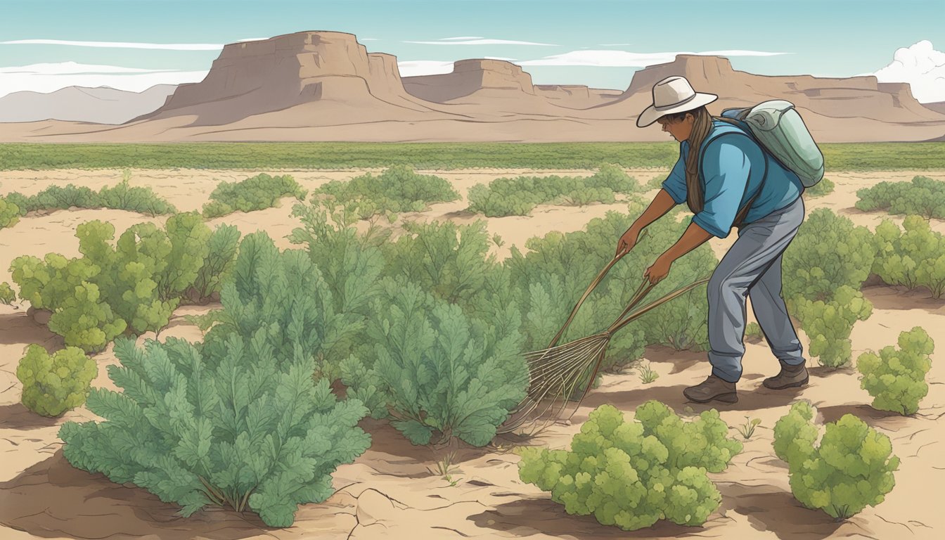 A person using sustainable harvesting methods to gather native edible plants in the New Mexico desert