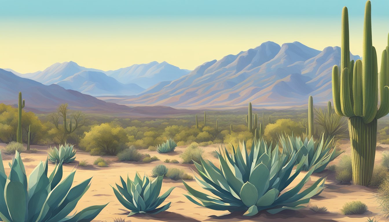 A desert landscape with prickly pear cacti, agave plants, and mesquite trees, surrounded by arid mountains and a clear blue sky