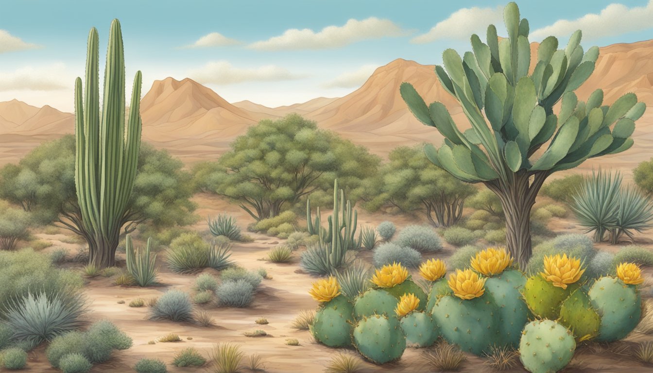 A desert landscape with native edible plants such as agave, prickly pear cactus, and mesquite trees, with a focus on their water needs and cultivation