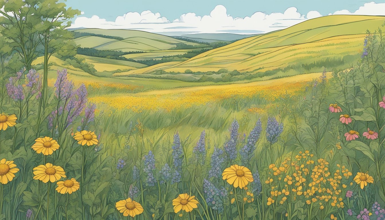 A sunny prairie with rolling hills, dotted with wildflowers and various native plants. A guidebook lays open, showcasing illustrations of edible flora