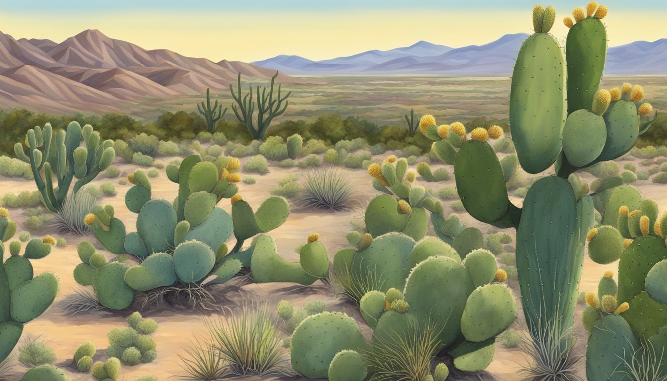 A desert landscape in New Mexico with native edible plants like prickly pear cactus and mesquite trees