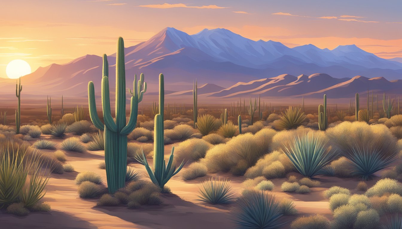 A desert landscape with cacti, yucca, and sagebrush. A mountain range looms in the background while the sun sets behind the horizon