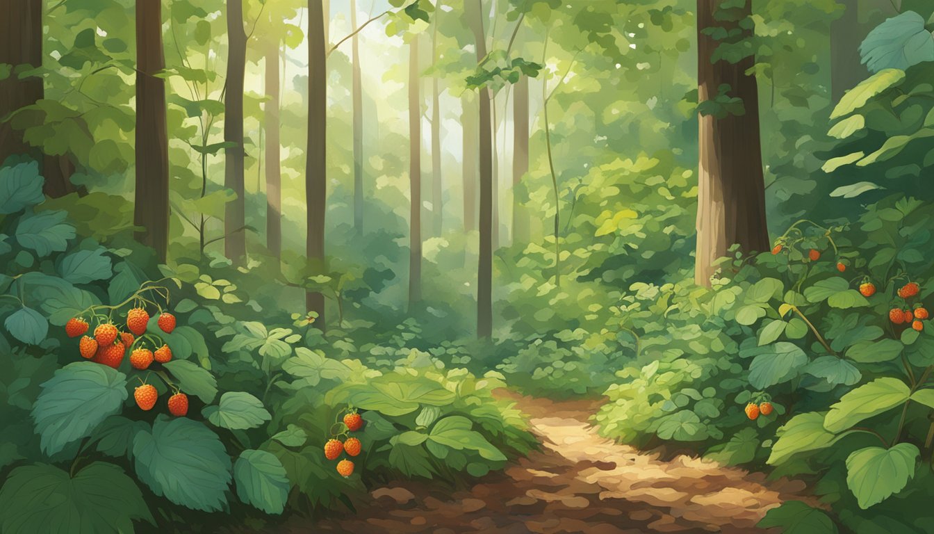 A lush forest floor in South Carolina, dotted with native edible plants like wild strawberries, blueberries, and persimmons, surrounded by vibrant green foliage and dappled sunlight