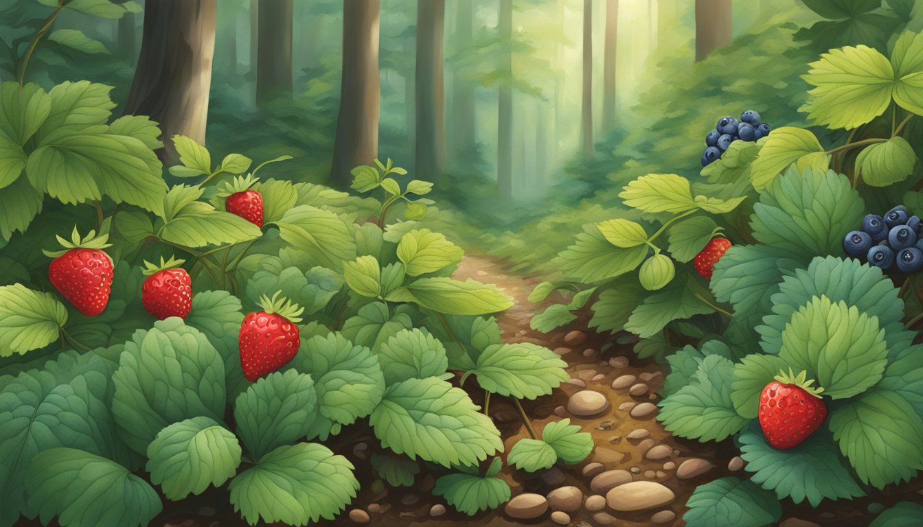 A lush forest floor in North Carolina, featuring wild strawberries, blueberries, and various edible greens