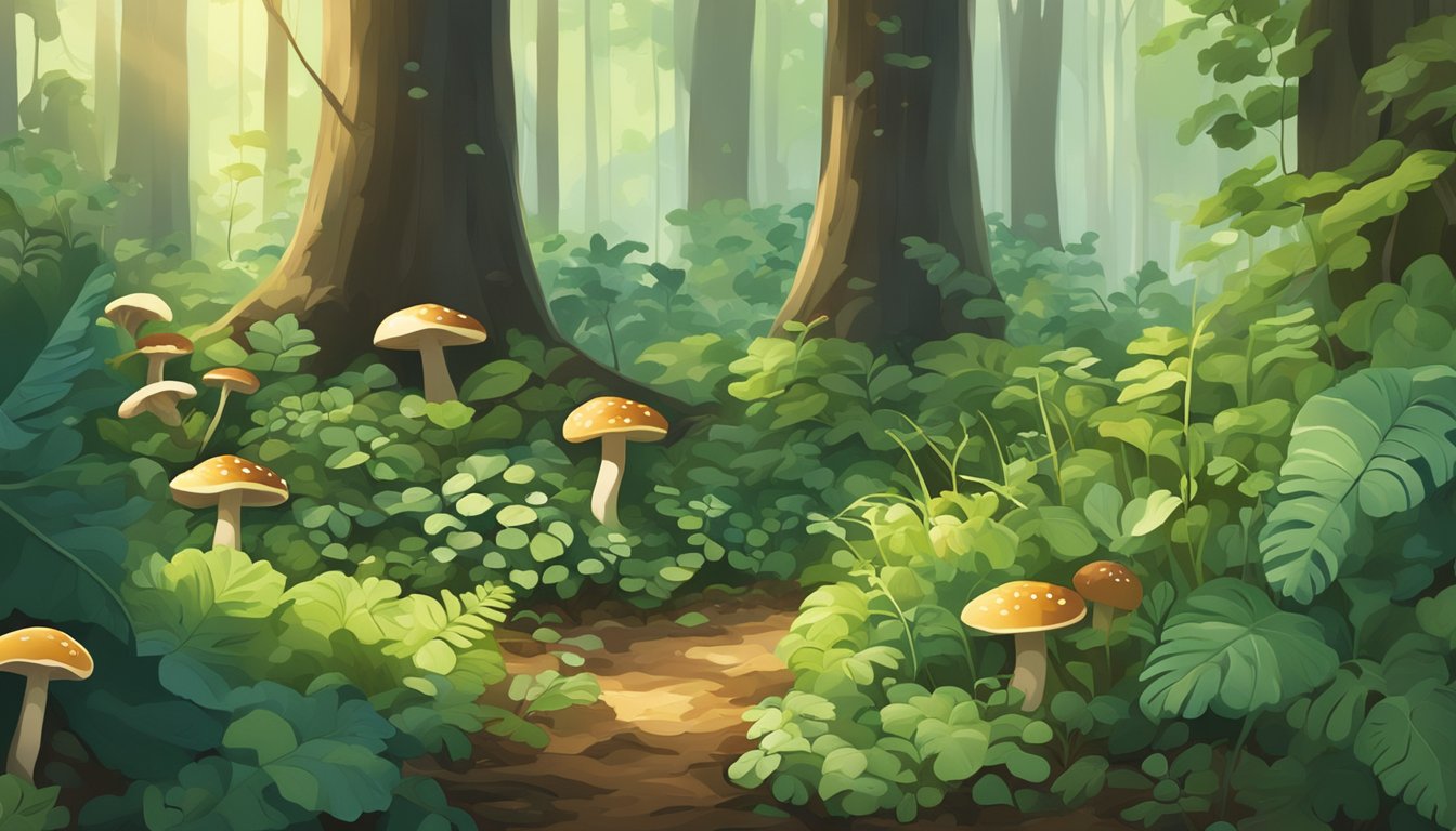 A lush forest floor with wild berries, mushrooms, and leafy greens in various stages of growth, surrounded by tall trees and dappled sunlight