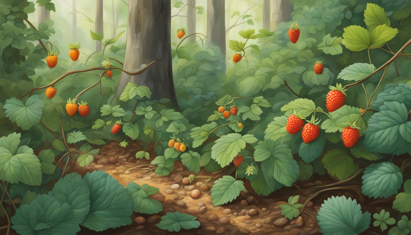 Lush forest floor with wild strawberries, blackberries, and persimmons growing among the native flora of North Carolina