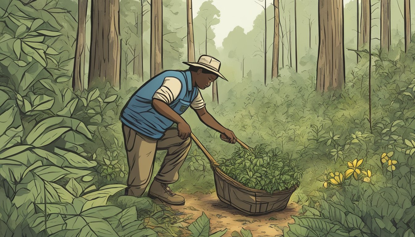 A person harvesting native edible plants in a Louisiana forest using sustainable methods