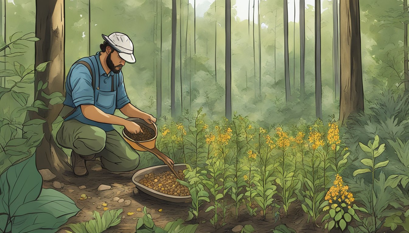 A person gathers and cooks native edible plants in a North Carolina forest clearing