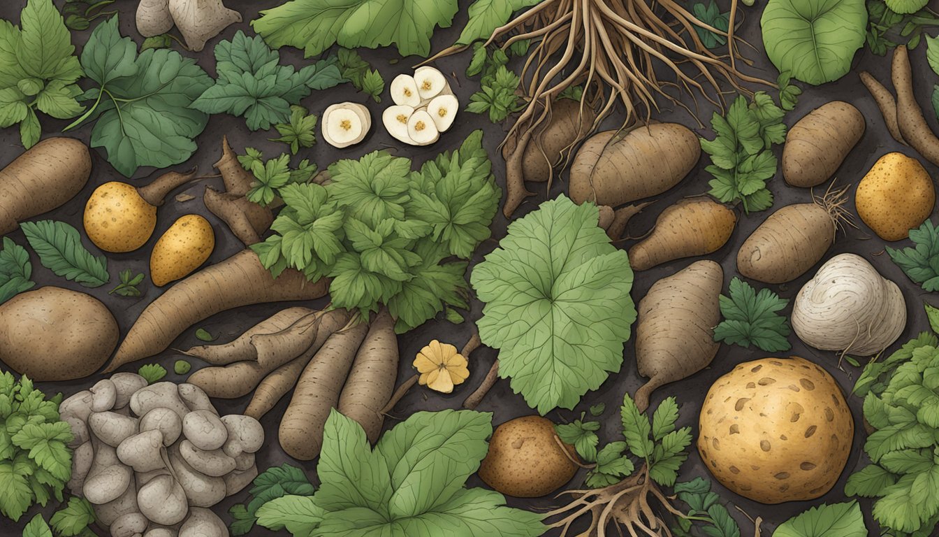 A lush forest floor in Alabama, featuring a variety of edible roots and tubers such as wild yams, Jerusalem artichokes, and Indian potatoes