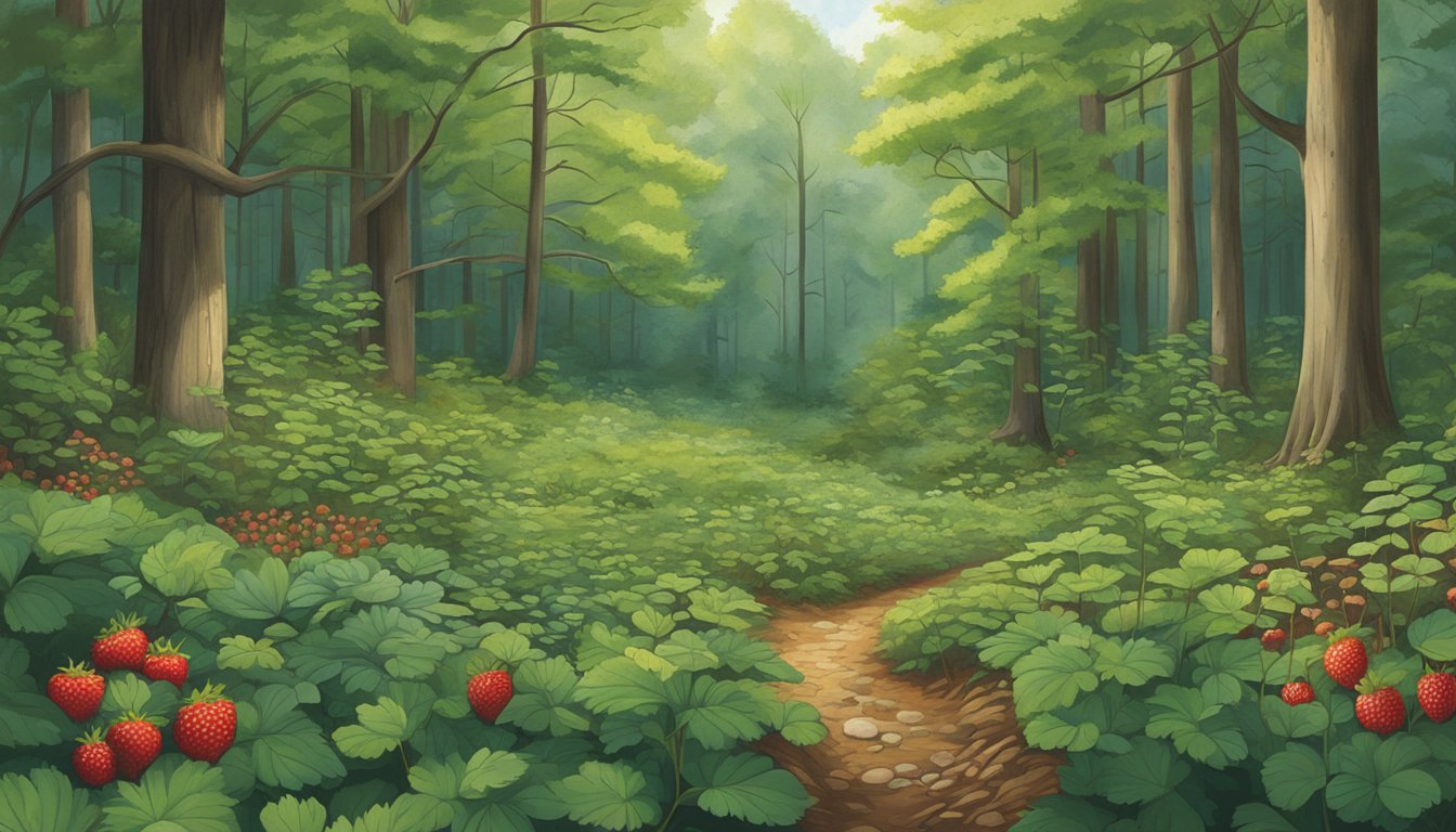 A lush forest floor in Delaware, filled with native edible plants such as wild strawberries, blueberries, and elderberries, surrounded by tall oak and hickory trees