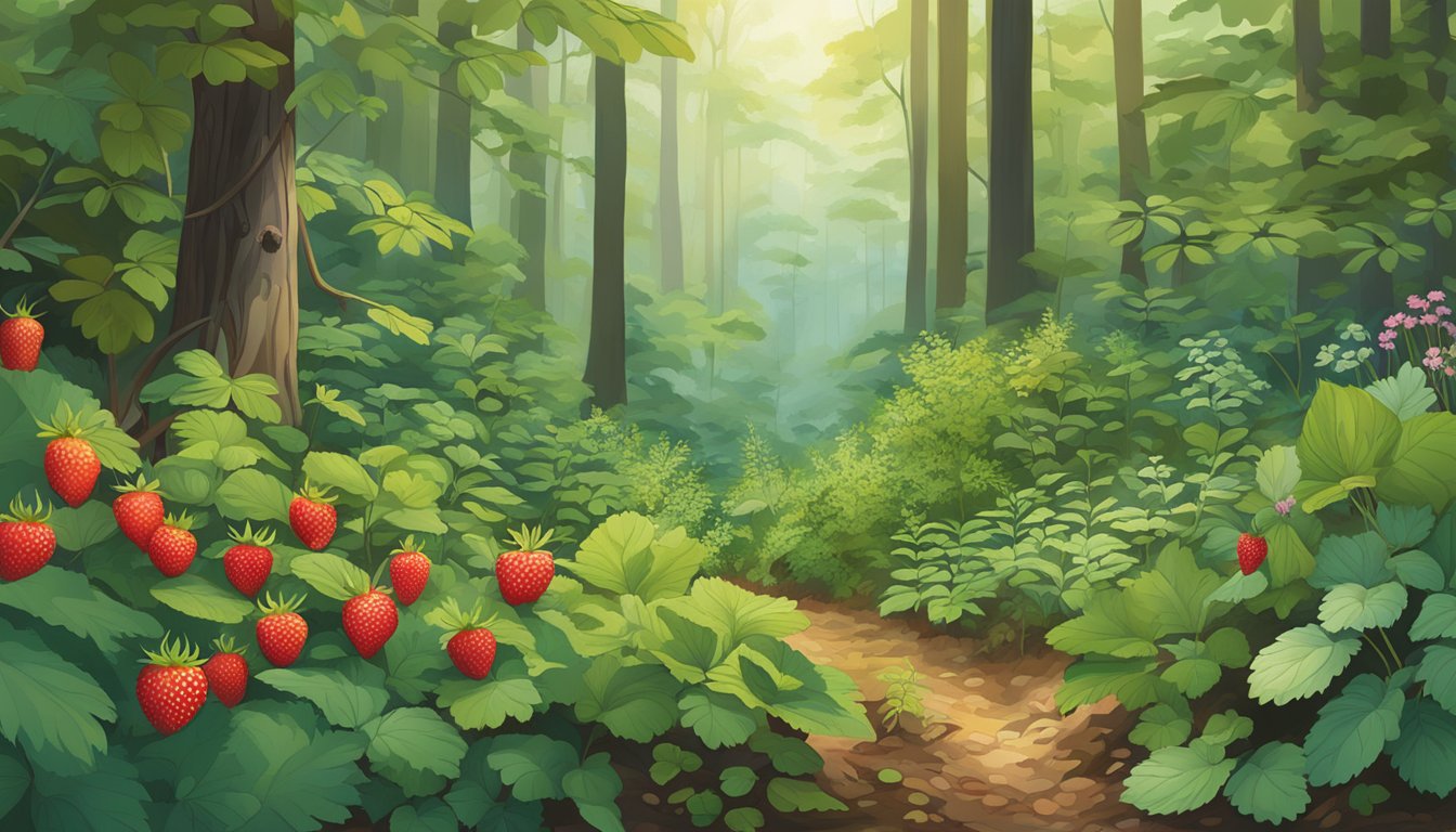 A lush forest floor in Delaware, showcasing a variety of native edible plants such as wild strawberries, sassafras, and elderberry, with their vibrant colors and distinct shapes