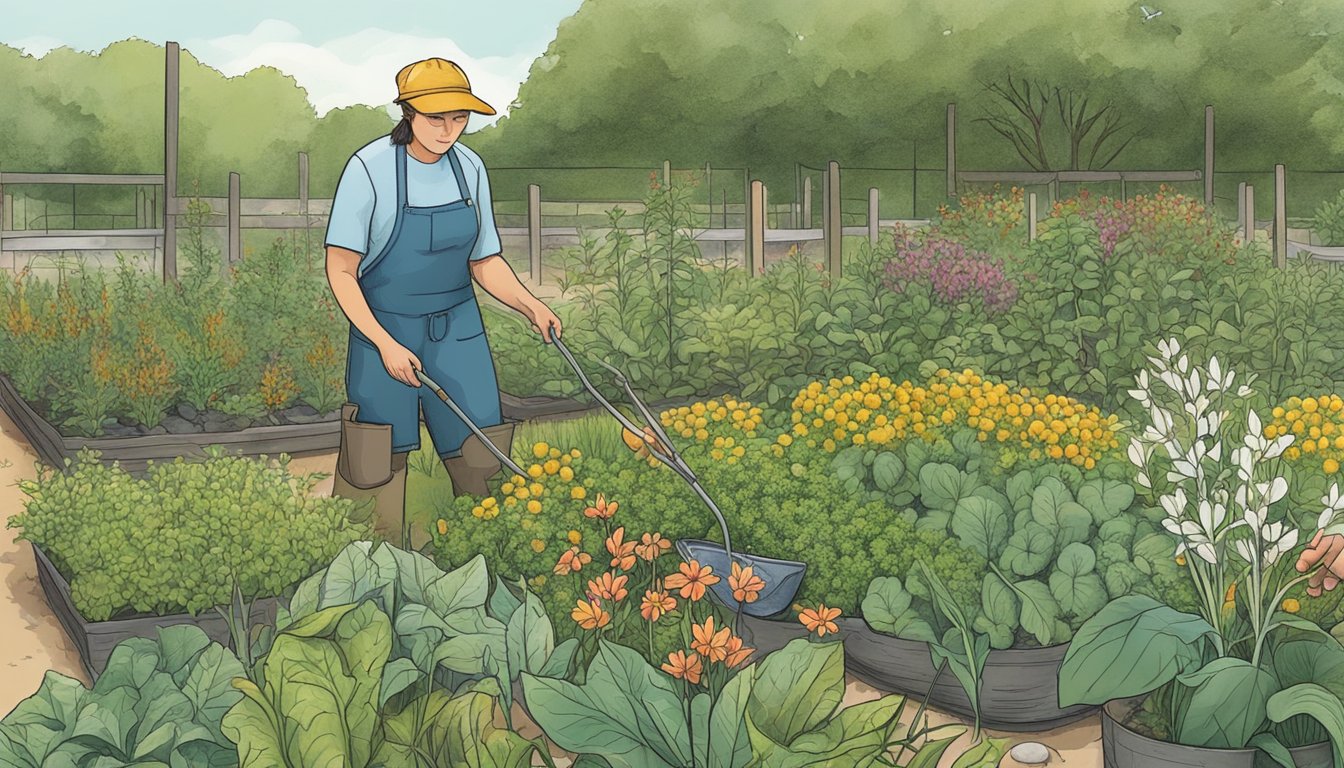 A person tending to a garden of native edible plants in Delaware, carefully harvesting and cultivating them in a sustainable manner