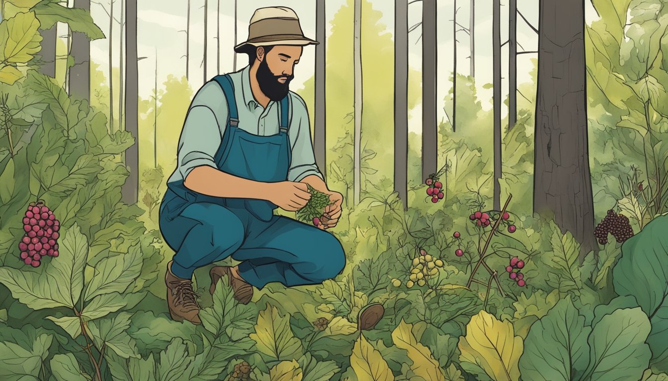 A person gathering wild edible plants in a Delaware forest, surrounded by various native species like wild berries, nuts, and greens