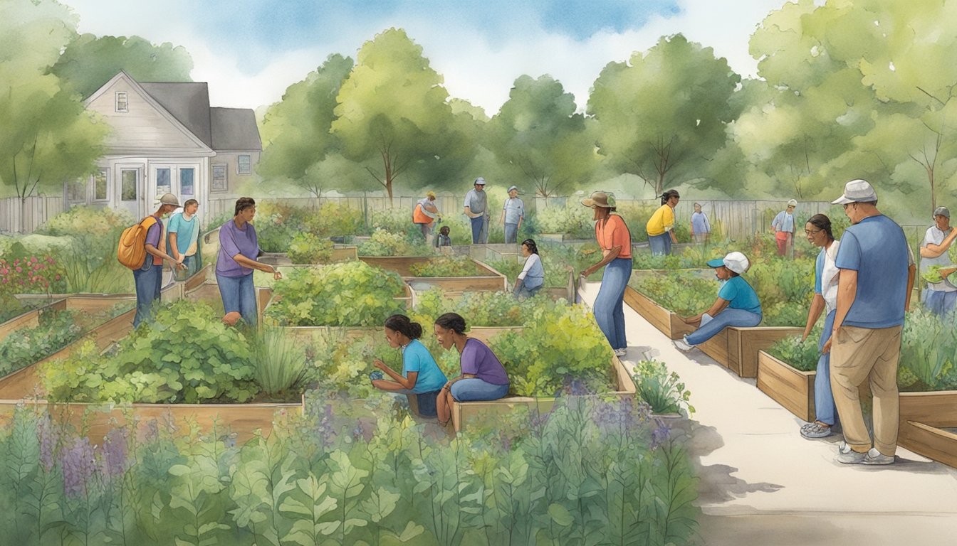 A group tends to native edible plants in a Delaware community garden, surrounded by trees and wildlife