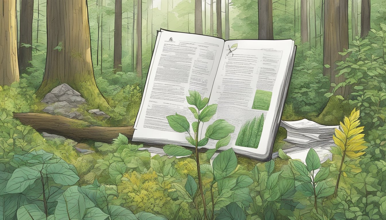 A lush Vermont forest with native edible plants, surrounded by legal documents and conservation signs