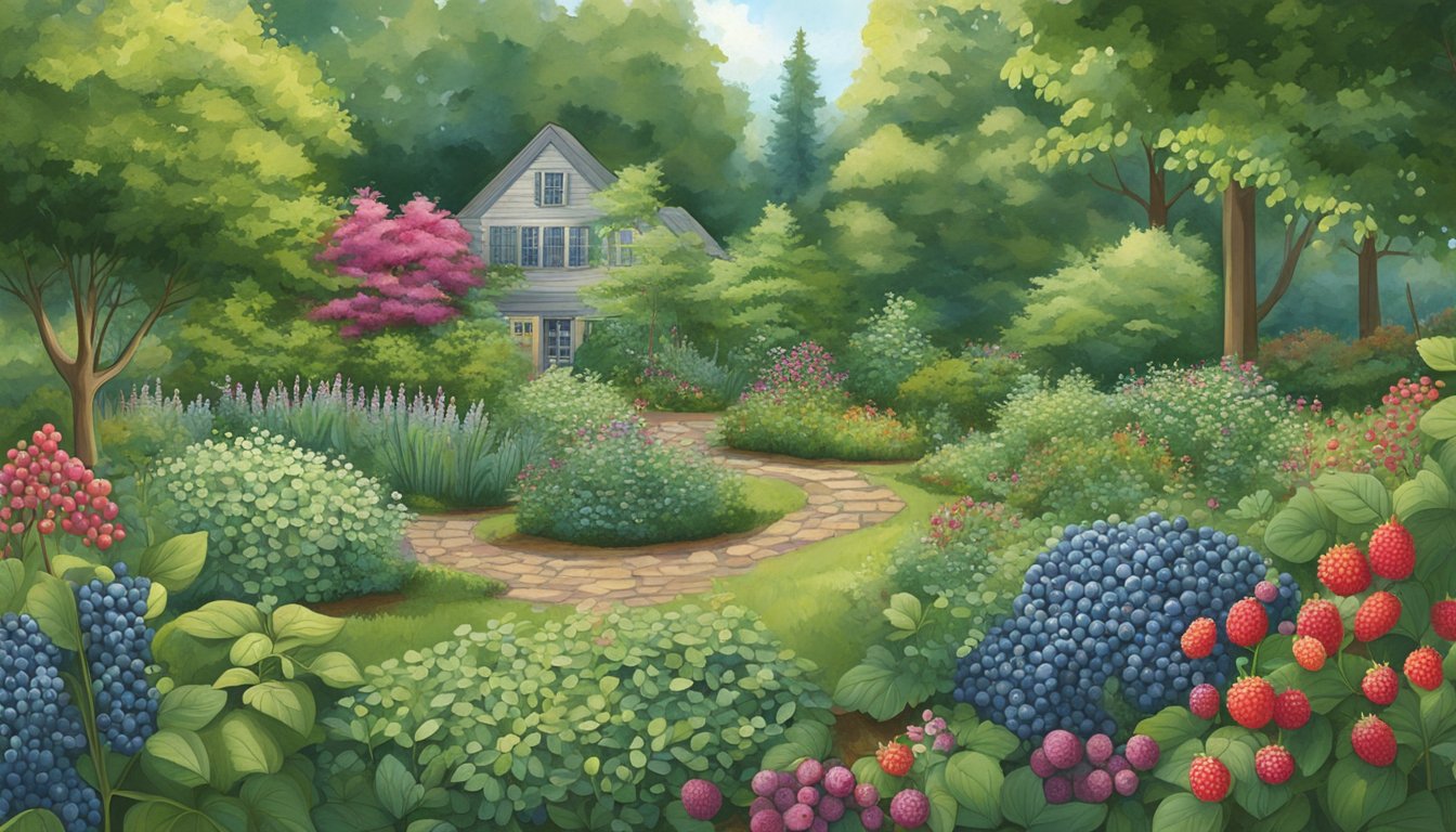 A lush garden in Virginia, filled with native edible plants like blueberries, blackberries, and wild strawberries. The plants are thriving and surrounded by a variety of trees and shrubs