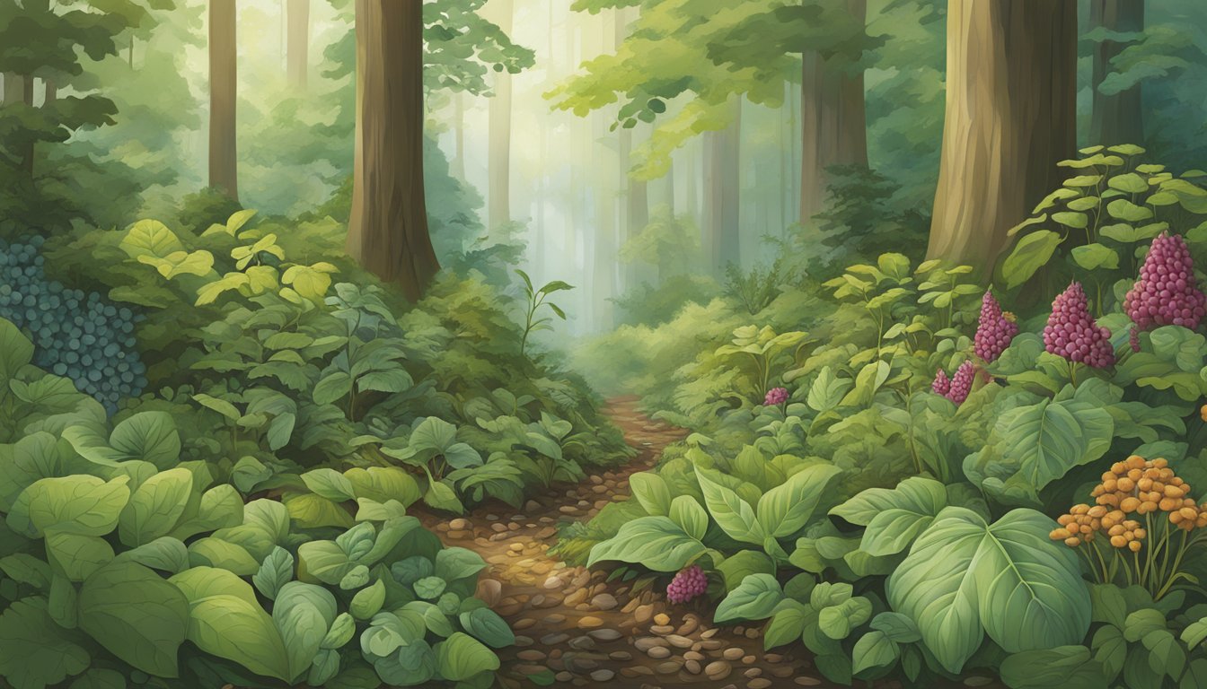 A lush forest floor in Virginia, with a variety of native edible plants such as wild berries, nuts, and leafy greens, showcasing their diverse nutritional profiles and health benefits