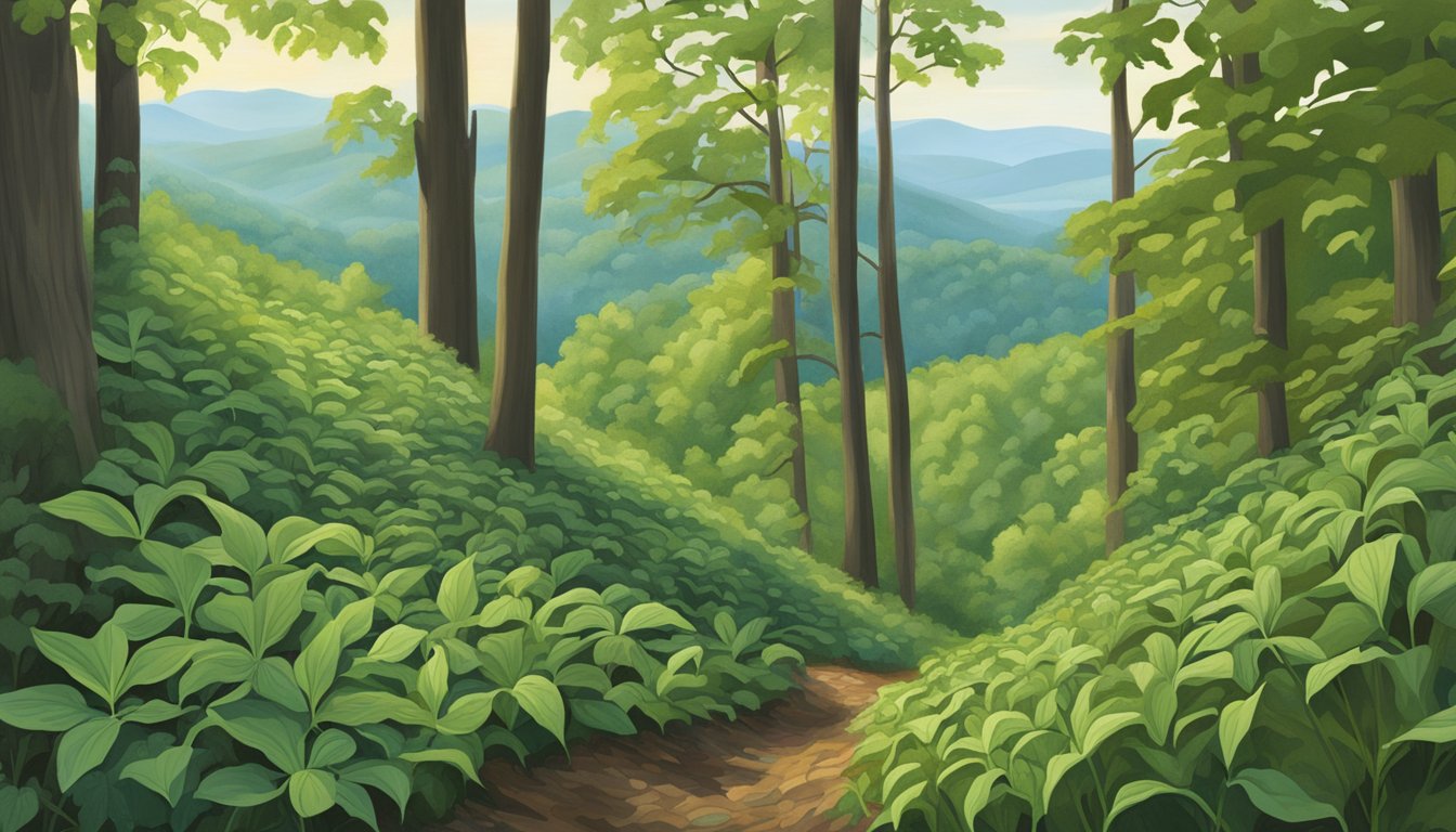 Lush forest floor with wild ramps, pawpaws, and sassafras amid rolling hills in West Virginia