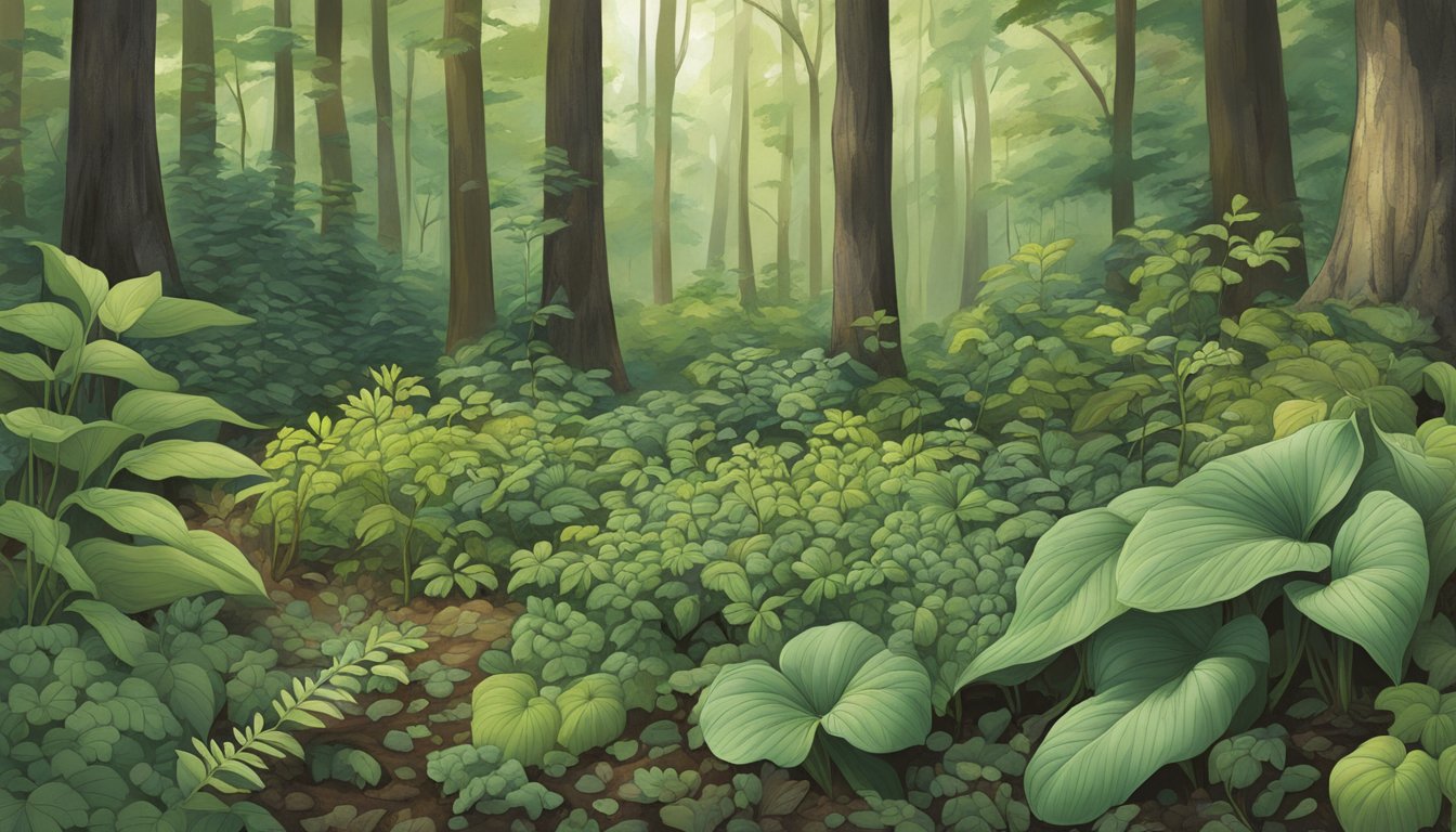 A lush forest floor in West Virginia, featuring wild ramps, pawpaws, and blackberries among the native edible plants