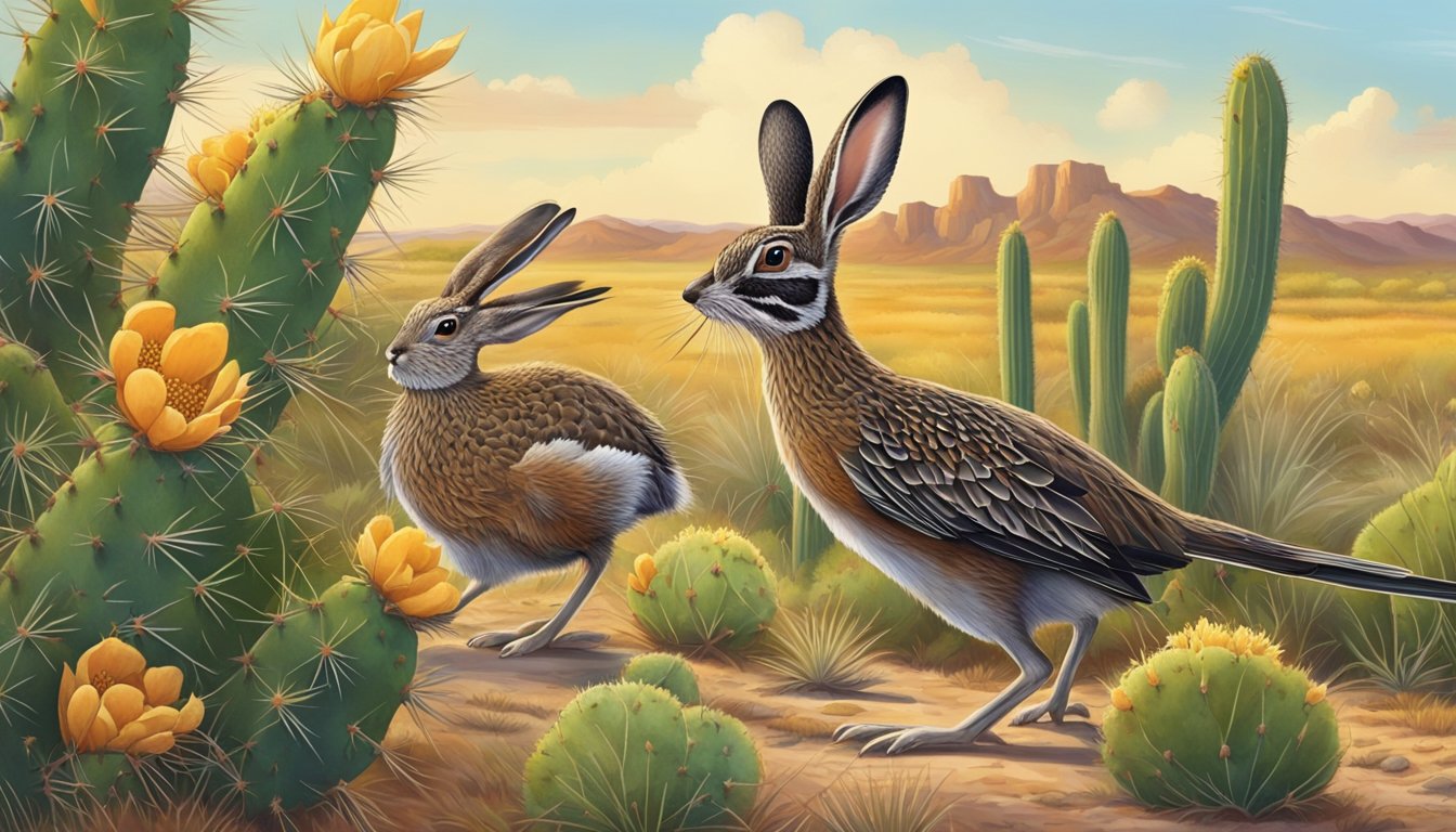 A rabbit nibbles on prickly pear cactus while a roadrunner hunts for insects among the tall grasses in a Texas prairie