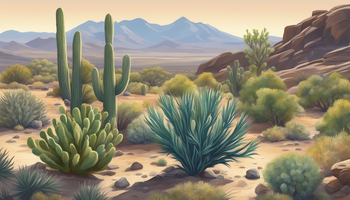 A desert landscape with sagebrush, prickly pear cactus, and juniper trees. A variety of wild edible plants such as yucca and Indian ricegrass grow among the rocky terrain